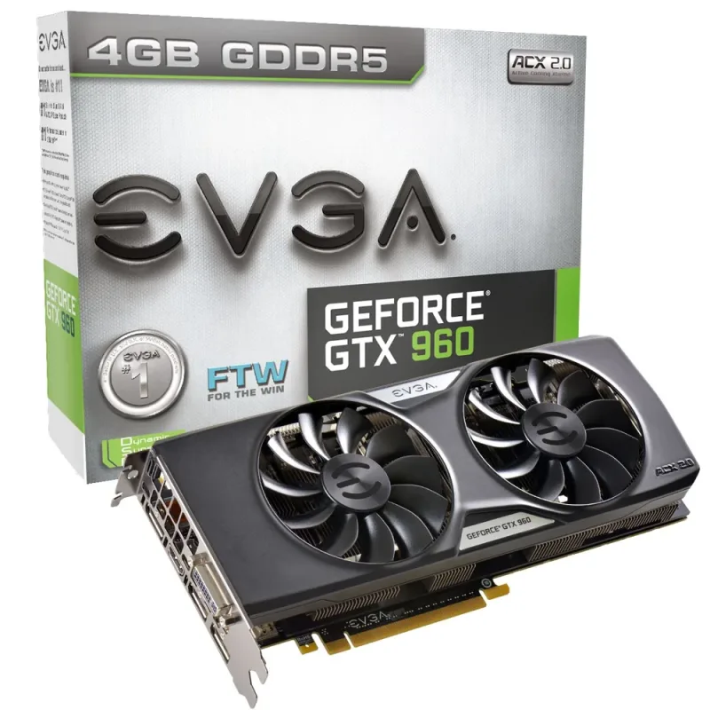 04G-P4-3968-KR - EVGA GeForce GTX 960 4GB FTW GAMING ACX 2.0+, Whisper Silent Cooling Graphics Card