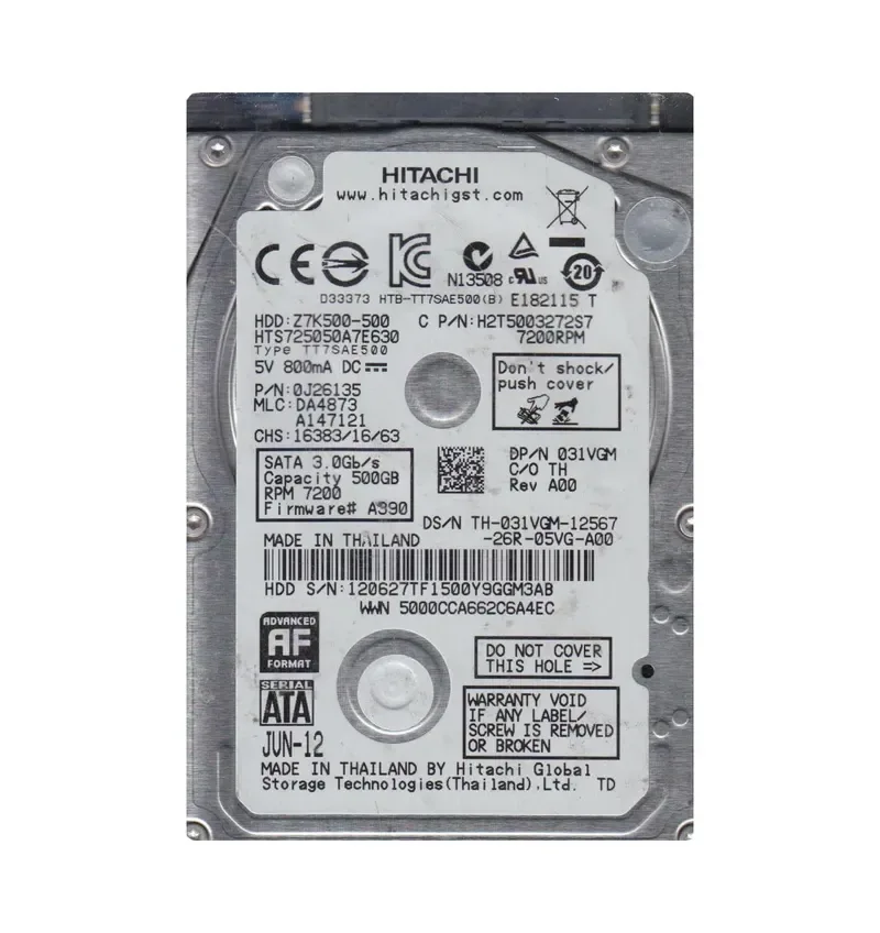 0J26135 - Hitachi Travelstar Z7K500 500GB 7200RPM SATA 6Gb/s 32MB Cache 2.5-inch Hard Drive