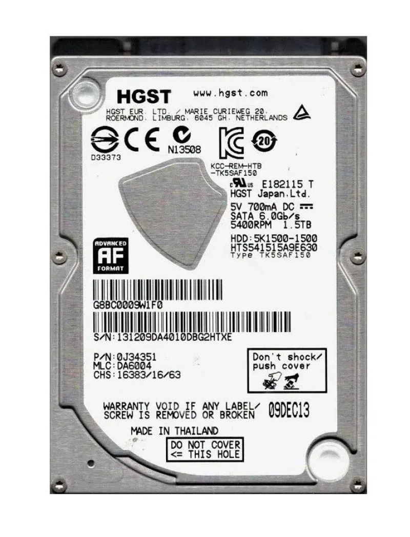 0J34351 - Hitachi Travelstar 5K1500 1.5TB 5400RPM SATA 6Gb/s 32MB Cache 2.5-inch Hard Drive