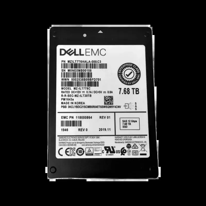 EMC 118000864 EMC PM1643A 7.68TB enterprise-grade SAS 12Gbps SSD with read-intensive optimization, 2,100 MB/s sequential read, 450K random read IOPS, 2M-hour MTBF for mission-critical data center depl