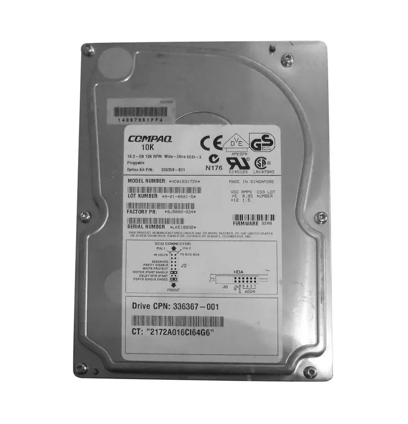 336367-001 - HP 18.2GB 10000RPM Ultra2 Wide SCSI Hot-Swappable 80-Pin 3.5-inch Hard Drive