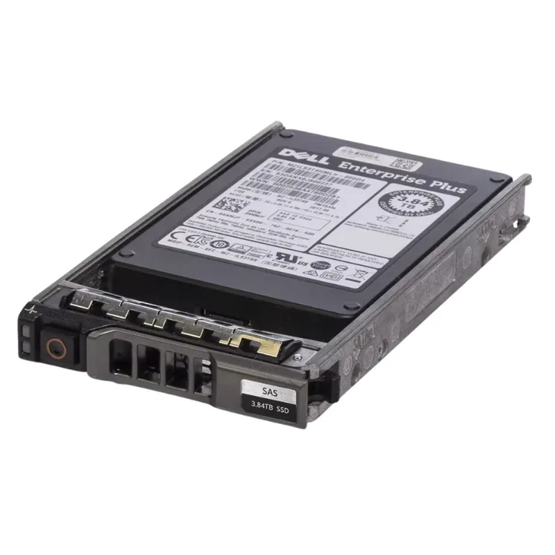 Dell 345-BFPT is a 3.84TB SAS 24Gbps read intensive SSD in 2.5-inch form factor with hybrid tray for hot-plug installation in PowerEdge servers. Features advanced format 512e, self-encrypting drive (S