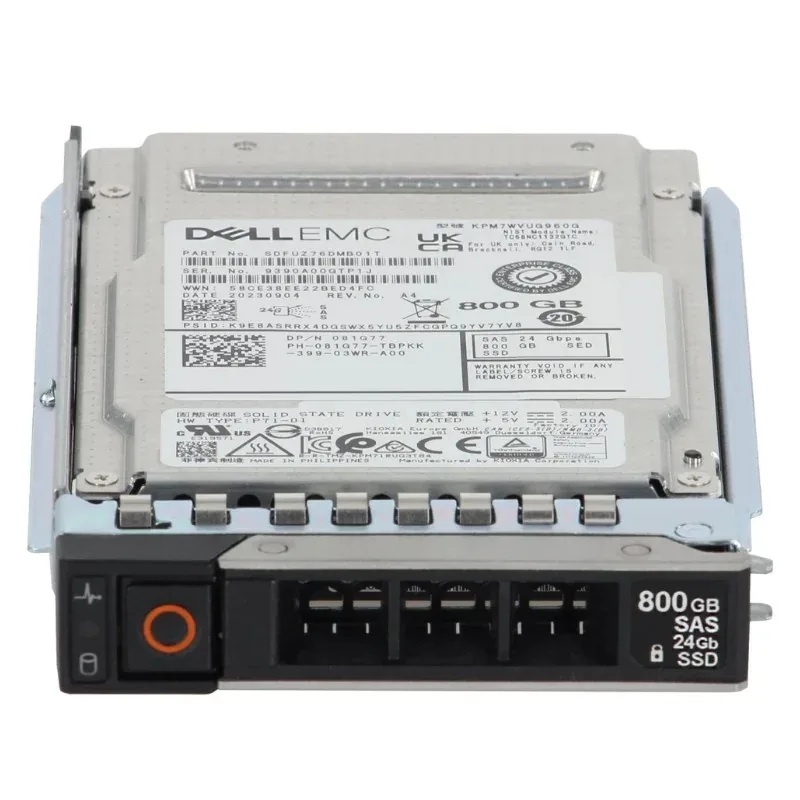 Dell 345-BJRX is an 800GB 2.5-inch SAS SSD with 24Gbps interface, 512e format, and 3DWPD endurance rating. Designed for servers/workstations, it includes carrier/tray for hot-swap deployment in PowerE