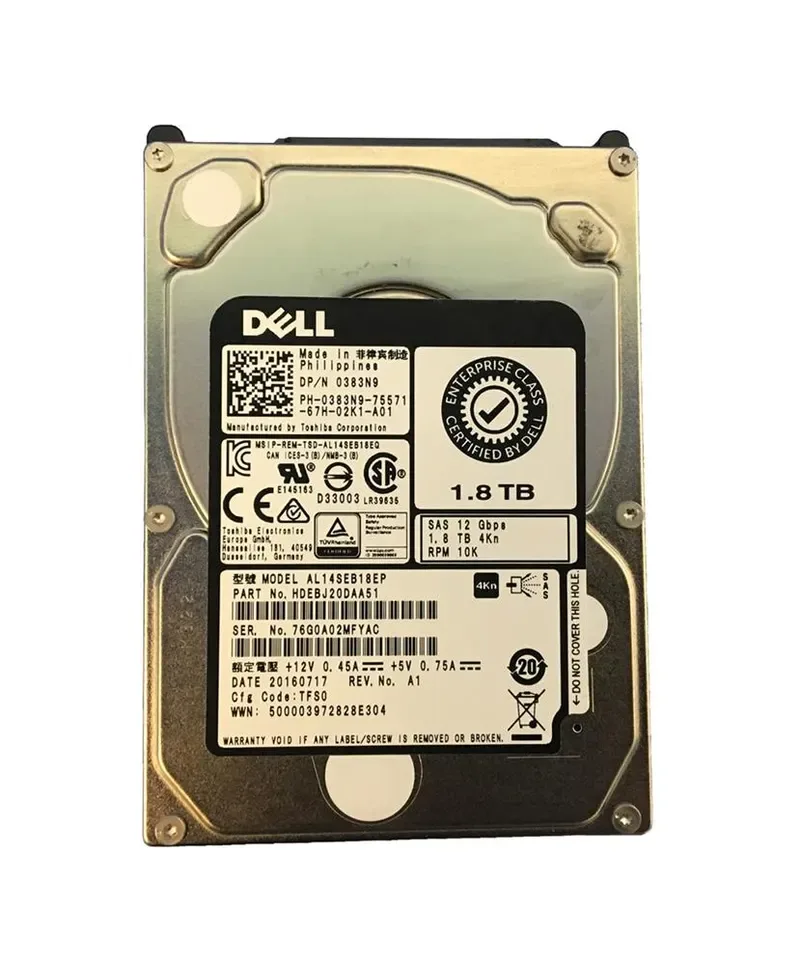 383N9 - Dell 1.8TB 10000RPM SAS 12Gb/s 4KN 2.5-inch Hard Drive with Tray