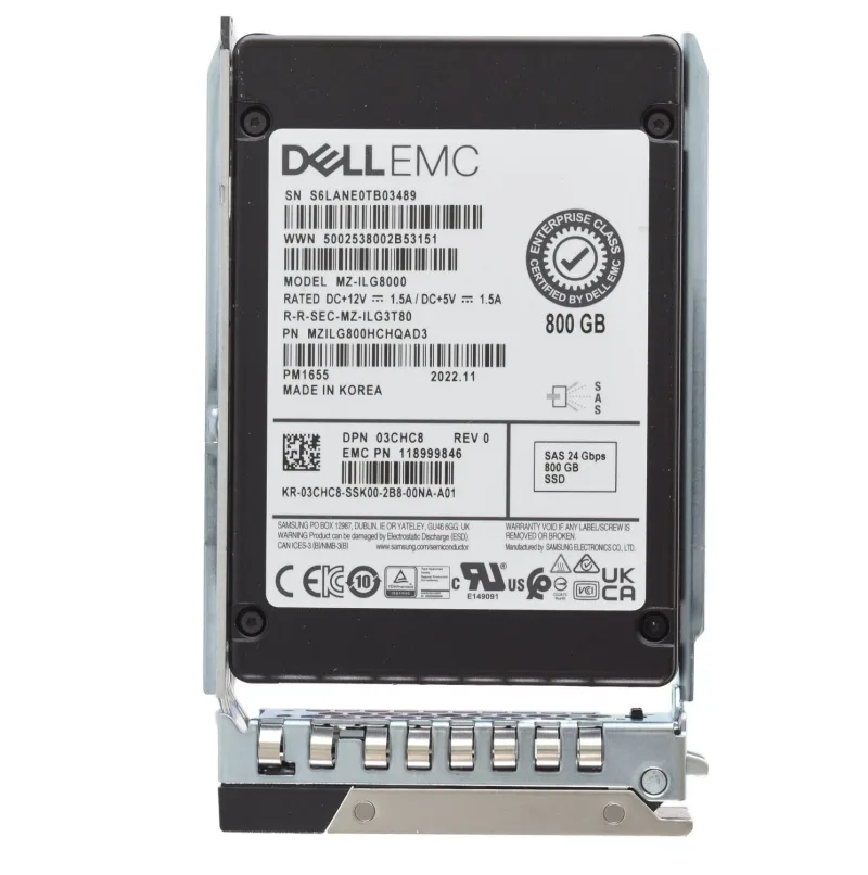 Dell 3CHC8 800GB Triple-Level Cell SAS 24Gb/s Mixed Use Hot-Swappable SFF 2.5-Inch Solid State Drive with Tray For PowerEdge R350
