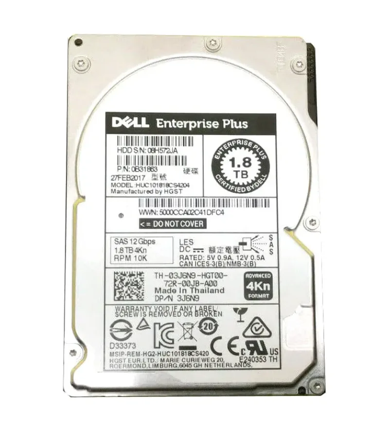 3J6N9 - Dell / Hitachi 1.8TB 10000RPM SAS 12Gb/s 4KN 128MB Cache 2.5-inchHard Drive