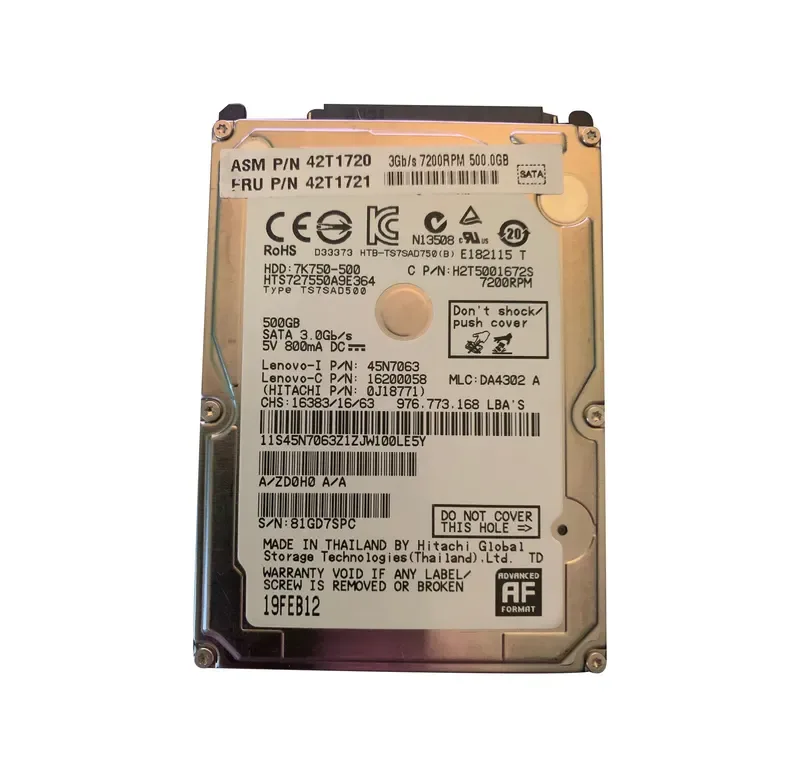 42T1720 - Lenovo 500GB 7200RPM SATA 3Gb/s 2.5-inch Hard Drive