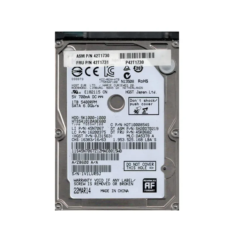 42T1731 - Lenovo 1TB 5400RPM SATA 3Gb/s 2.5-inch Hard Drive for ThinkPad T Series and W Series