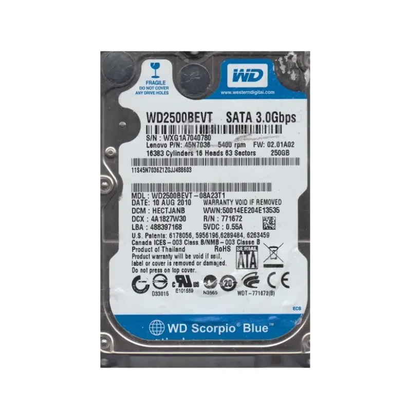 45N7036 - Lenovo / Western Digital 250GB 5400RPM SATA 3Gb/s 8MB Cache 2.5-inch Hard Drive