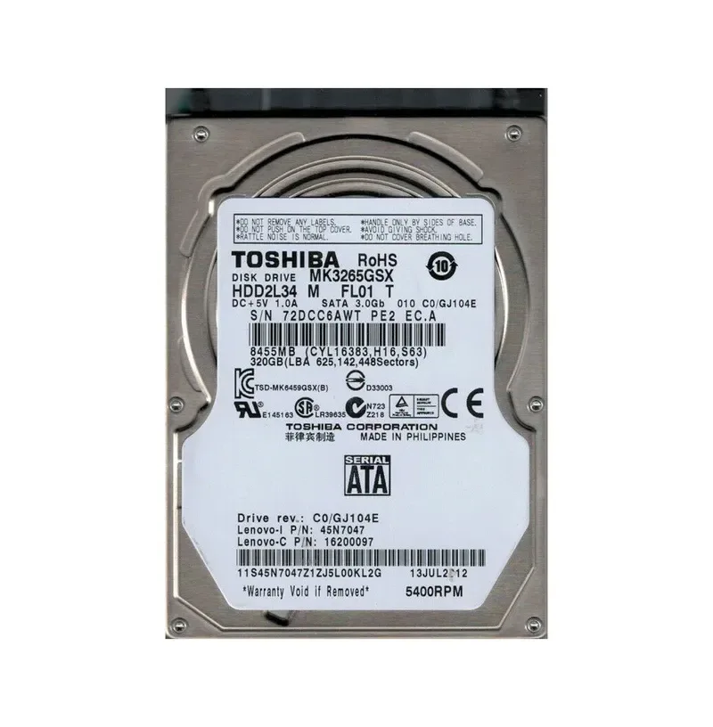45N7047 - Lenovo 320GB 5400RPM SATA 3Gb/s 8MB Cache 2.5-inch Hard Drive