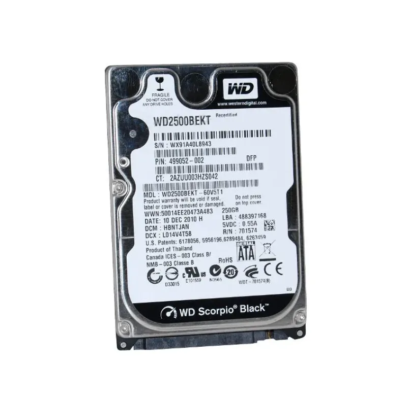 499052-002 - HP / Western Digital 250GB 7200RPM SATA 3Gb/s 2.5-inch Hard Drive