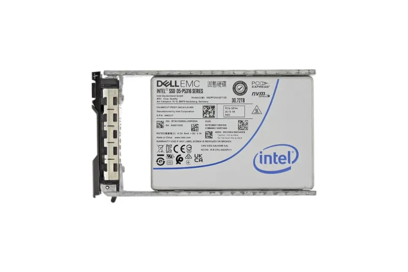 Dell 4XP63 is a 30.72TB PCIe Gen4 NVMe SSD with self-encrypting drive (SED) and FIPS compliance in a tray carrier for enterprise storage arrays. Designed for read-intensive workloads, it provides high