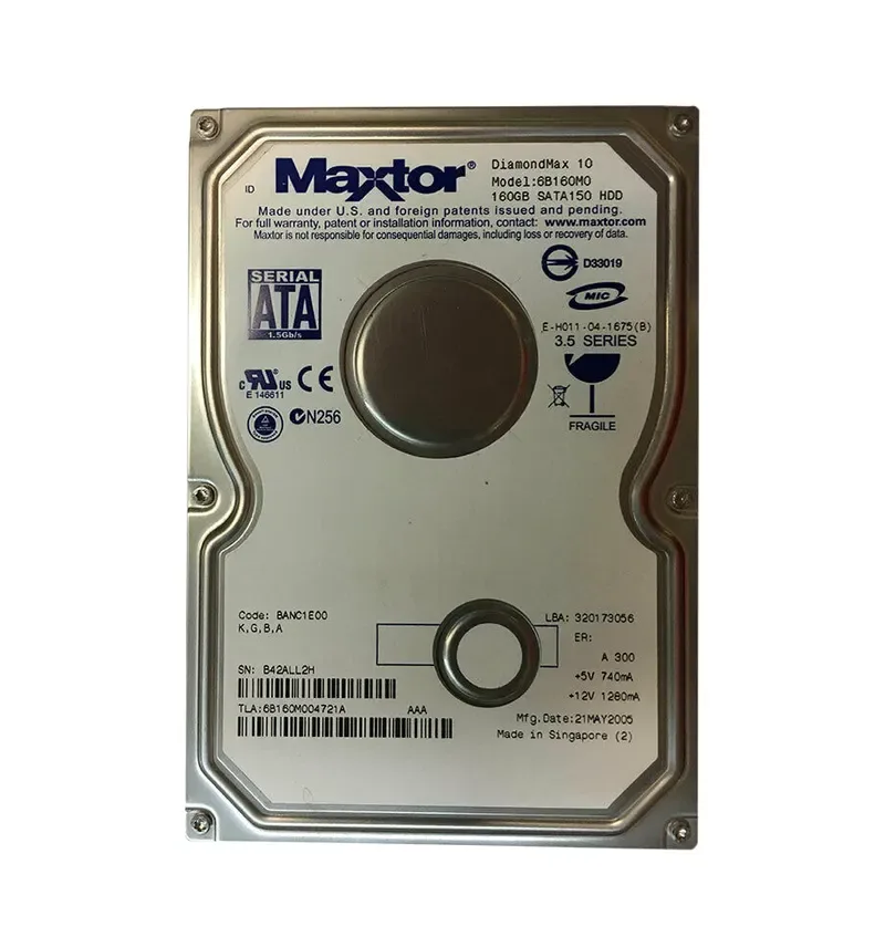 6B160M004721A - Maxtor DiamondMax 10 160GB 7200RPM SATA 1.5Gb/s 8MB Cache 3.5-inch Hard Drive