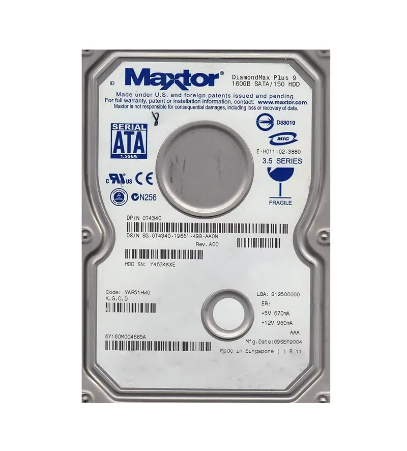 6Y160M004665A - Maxtor DiamondMax Plus 9 160GB 7200RPM SATA 1.5Gb/s 8MB Cache 3.5-inch Hard Drive