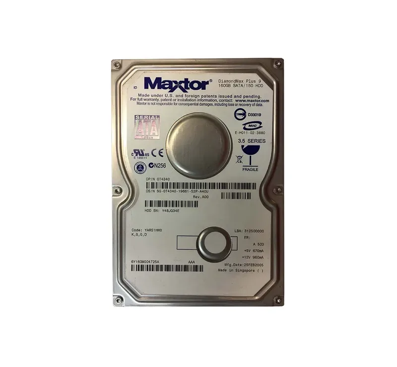 6Y160M004725A - Maxtor DiamondMax Plus 9 160GB 7200RPM SATA 1.5Gb/s 8MB Cache 3.5-inch Hard Drive
