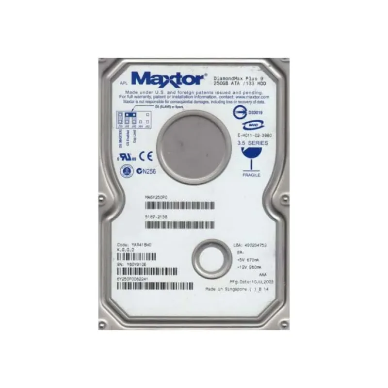 6Y250P0 - Maxtor Diamondmax Plus-9 250GB 7200RPM 8MB Cache ATA/IDE-133 3.5-inch Low Profile (1.0inch) Internal Hard Drive