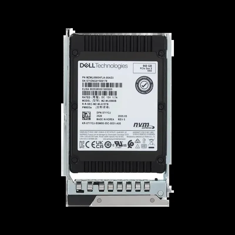 Dell 71Y2J is a 960GB PCIe Gen5 x4 NVMe U.2 2.5-inch TLC SSD with carrier/tray for PowerEdge servers. Read-intensive design delivers high-performance storage for enterprise data centers, supporting 14