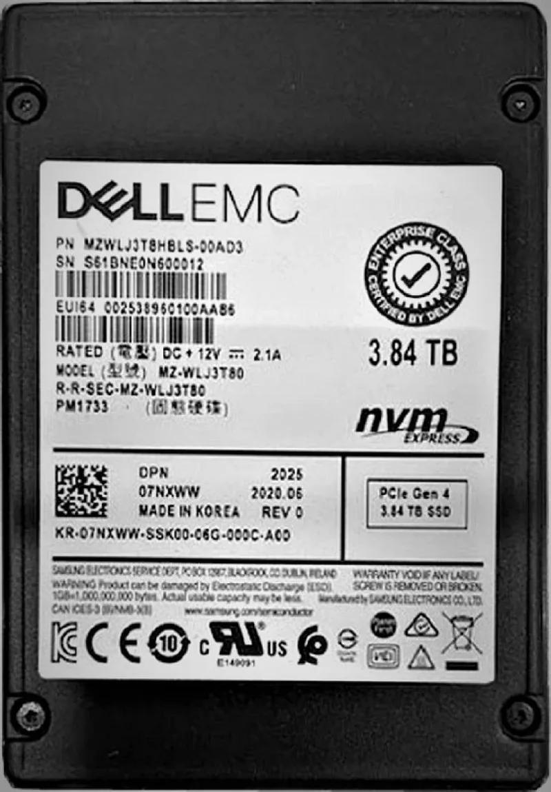 Dell 7NXWW Dell 07NXWW / 7NXWW 3.84TB PCI Express NVMe 4.0 x4 2.5-Inch Solid State Drive