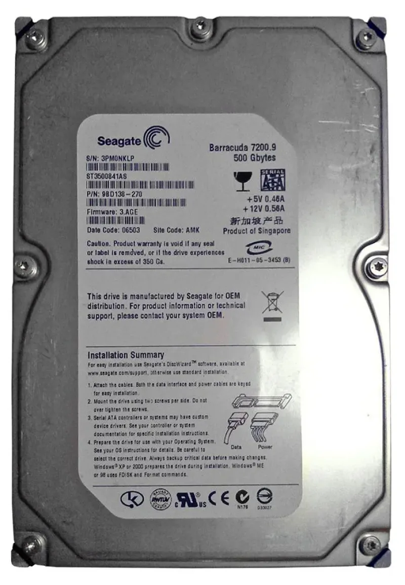 9BD138-270 - Seagate BarraCuda 7200.9 500GB 7200RPM SATA 3Gb/s 8MB Cache Low Profile NCQ 3.5-inch Hard Drive