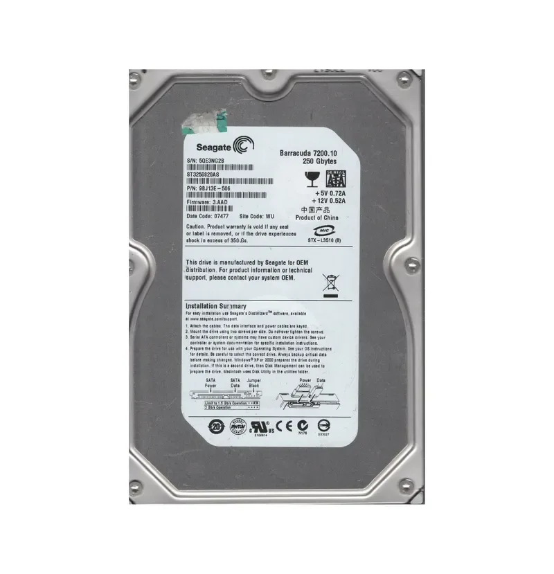 9BJ13E-506 - Seagate BarraCuda 7200.1 250GB 7200RPM SATA 3Gb/s 8MB Cache 3.5-inch Hard Drive