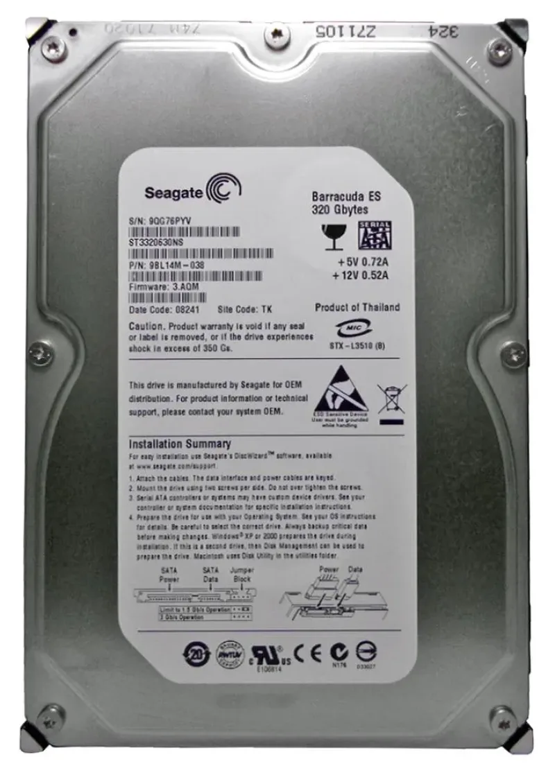 9BL14M-038 - Seagate BarraCuda ES 320GB 7200RPM SATA 3Gb/s 16MB Cache 3.5-inch Hard Drive
