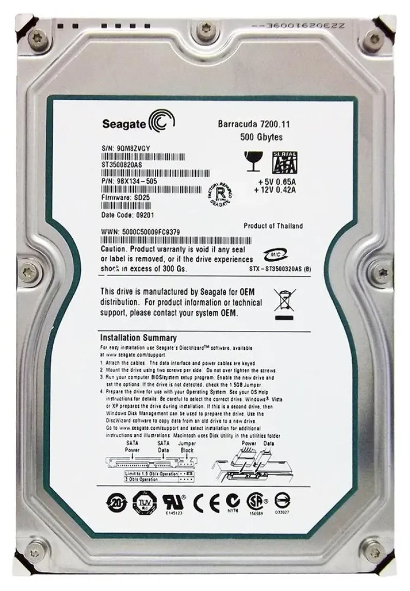 9BX134-505 - Seagate Barracuda 7200.11 500GB 7200RPM SATA 3Gb/s 8MB Cache 3.5-inch Hard Drive