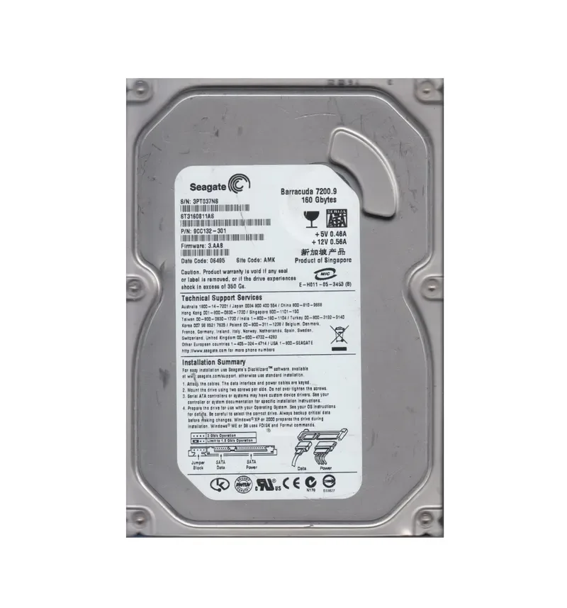 9CC132-301 - Seagate BarraCuda 7200.9 160GB 7200RPM SATA 3Gb/s 8MB Cache (CE) 3.5-inch Hard Drive