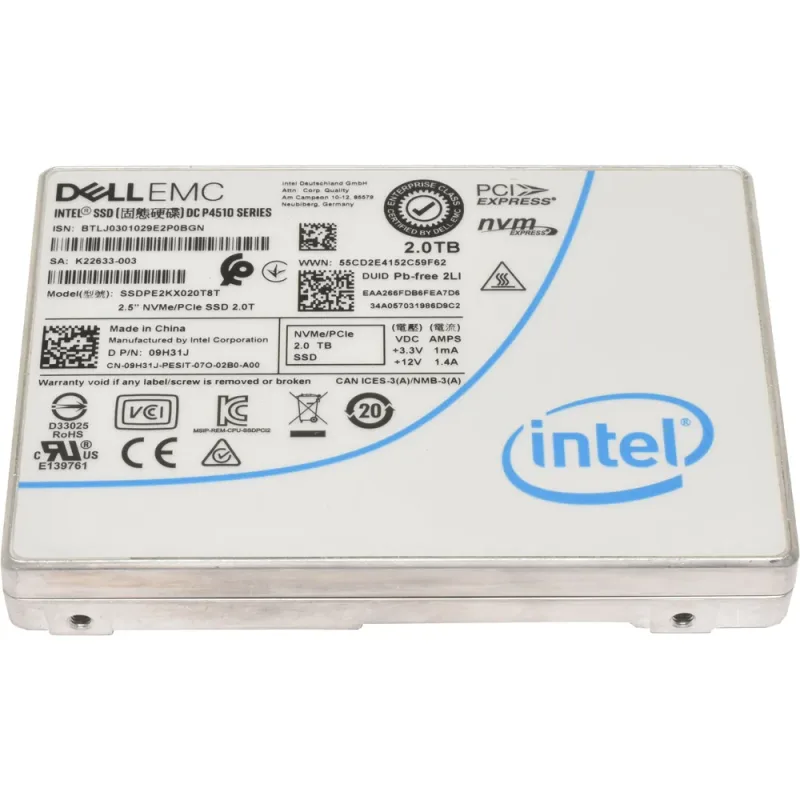 Dell 9H31J Intel DC P4510 Series 2TB NVME PCI-Express U.2 2.5-Inch Solid State Drive. In Stock