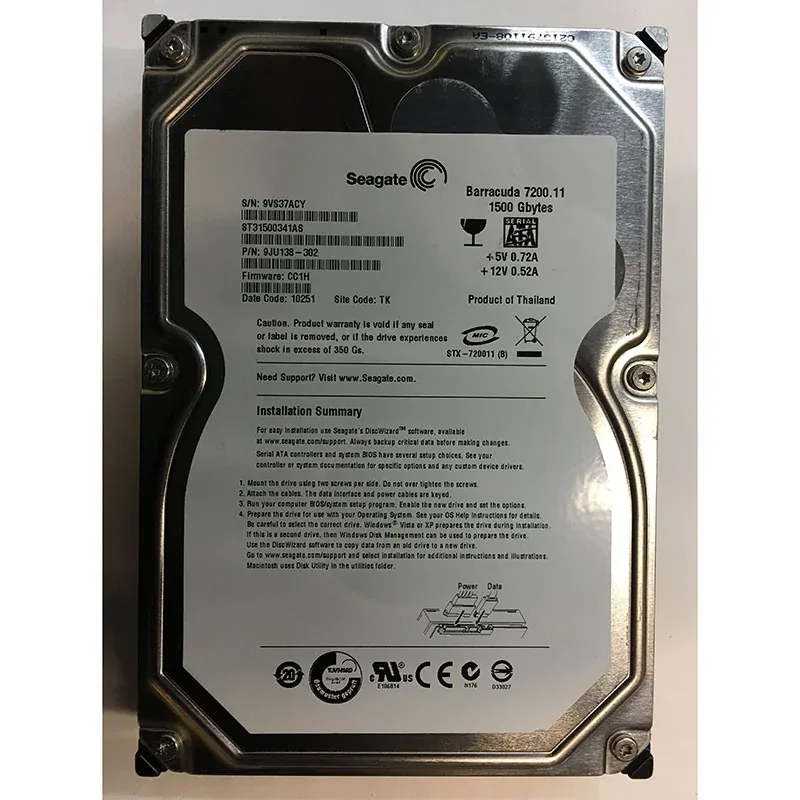 Seagate 9JU138-515 BarraCuda 7200.11 Series 1.5TB 7200RPM SATA 3Gb/s NCQ 32MB Cache (RoHS) 3.5-Inch Hard Drive. In Stock