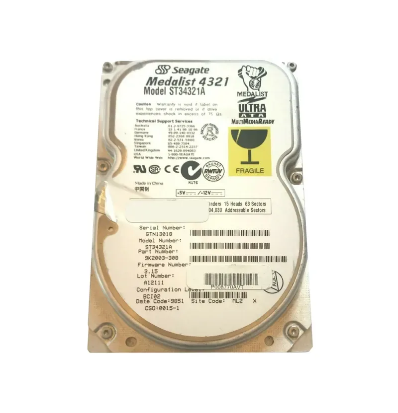 9K2003-308 - Seagate Medalist 4321 4.3GB 5400RPM IDE Ultra ATA/33 (ATA-4) 128KB Cache (CE) 3.5-inch Hard Drive