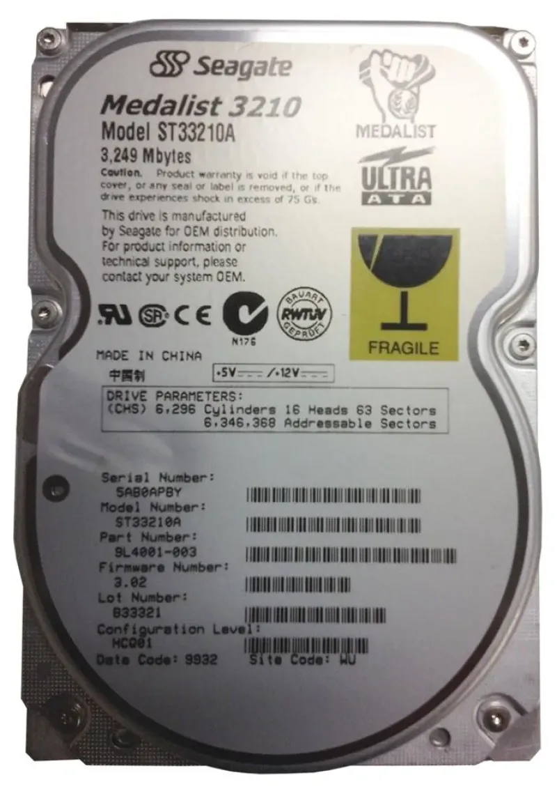 9L4001-003 - Seagate Medalist 3210 3.2GB 5400RPM IDE Ultra ATA/33 (ATA-4) 256KB Cache (CE) 3.5-inch Hard Drive