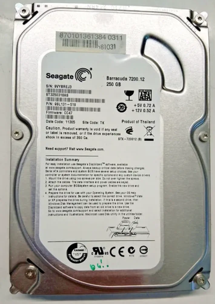 Seagate 9SL131-518 BarraCuda 7200.12 Series 250GB 7200RPM SATA 3Gb/s 8MB Cache (CE) 3.5-Inch Hard Drive. In Stock