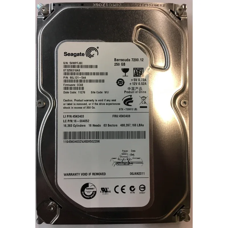 Seagate 9SL131-544 BarraCuda 7200.12 Series 250GB 7200RPM SATA 3Gb/s 8MB Cache (CE) 3.5-Inch Hard Drive. In Stock