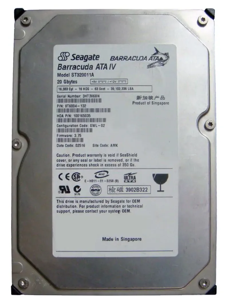 9T6004-132 - Seagate BarraCuda 20GB 7200RPM IDE Ultra ATA/100 (ATA-6) 2MB Cache 3.5-inch Hard Drive