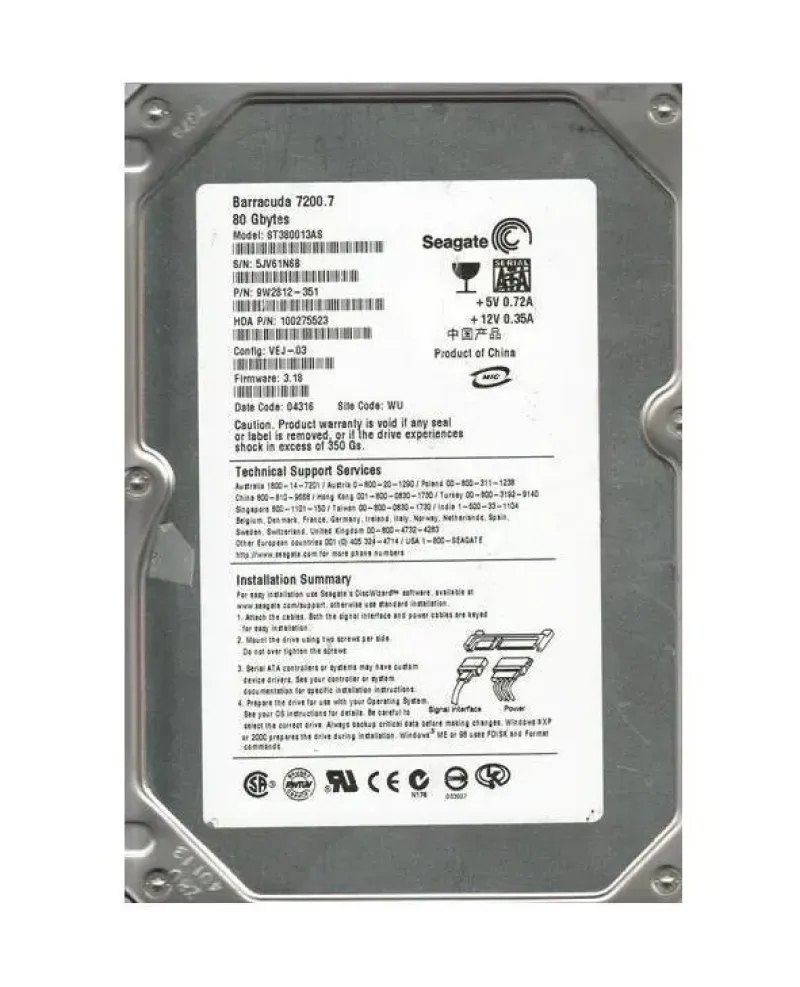 9W28123514 - Seagate BarraCuda 7200.7 80GB 7200RPM SATA 1.5Gb/s 8MB Cache (CE) 3.5-inch Hard Drive