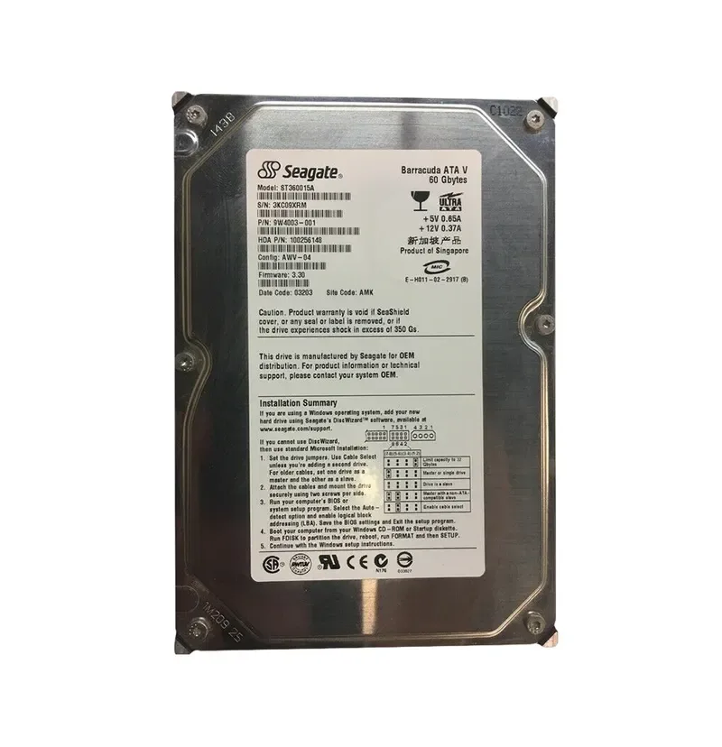 9W4003-001 - Seagate BarraCuda 60GB 7200RPM IDE Ultra ATA/100 (ATA-6) 2MB Cache (CE) 3.5-inch Hard Drive