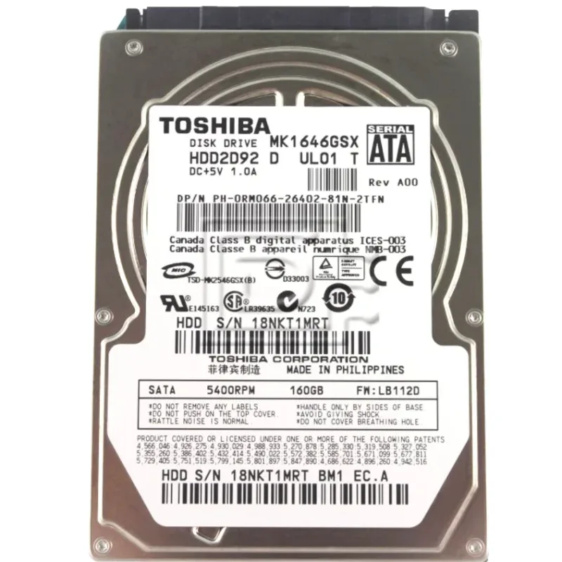 A000012550 - Toshiba 160GB 5400RPM SATA 3GB/s 8MB Cache 2.5-inch Hard Disk Drive