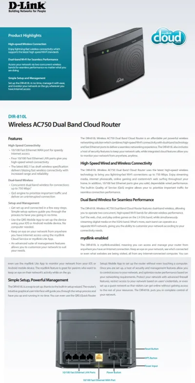 D-Link DIR-810L/E Wireless AC750 Dual-Band Cloud Router