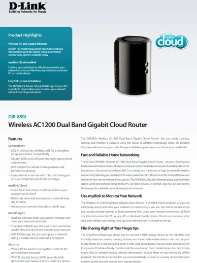 D-Link DIR-860L/E Wireless AC1200 Dual-Band Gigabit Cloud Router