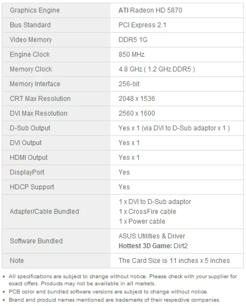 ASUS EAH5870/2DIS/1GD5V2 Radeon HD5870 1GB DDR5 Ctlr DVI Native HDMI DisplayPort Video Graphics Card
