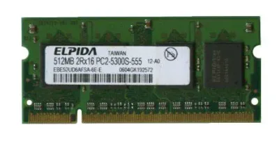 EBE52UD6AFSA-6E-E - Elpida 512MB DDR2-667MHz PC2-5300 non-ECC Unbuffered CL5 200-Pin SoDimm Dual Rank Memory Module