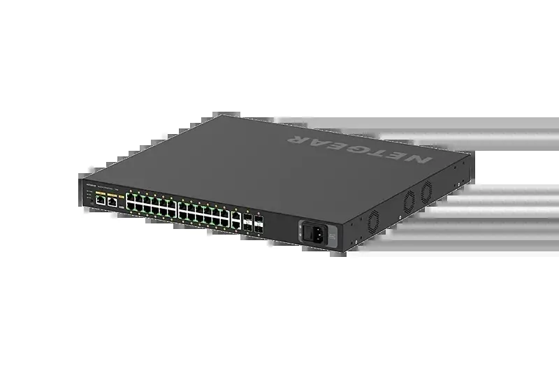 Netgear GSM4230PX-100NAS M4250 Series M4250-26G4XF-PoE+ 24 x RJ-45 Ports PoE+ 1000Base-T + 2 x RJ-45 Ports + 4 x SFP Ports Layer 3 Managed 1U Rack-mountable Gigabit Ethernet Network Switch