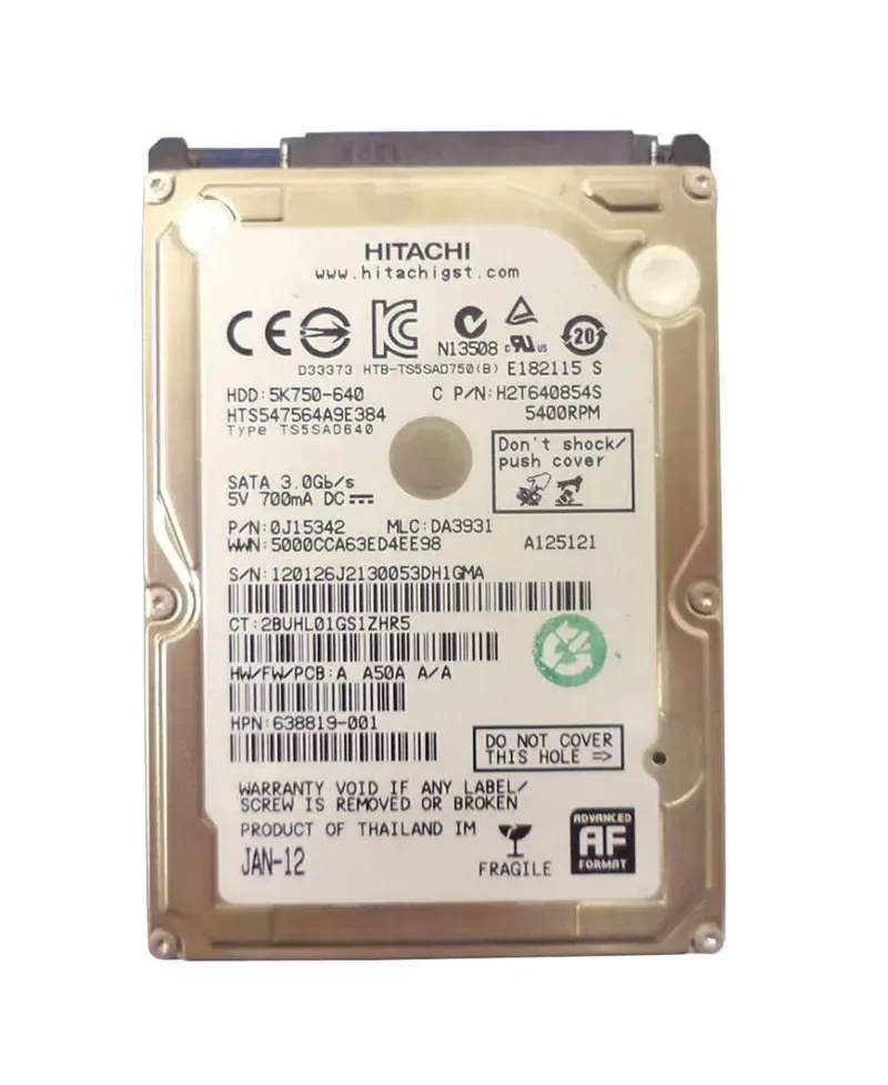 H2T640854S - Hitachi 640GB 5400RPM SATA 3Gb/s 2.5-inch Hard Drive
