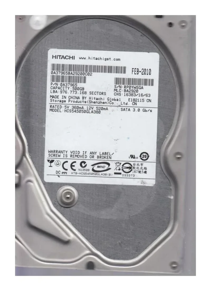 HCS545050GLA380 - Hitachi CinemaStar 5K500 500GB 7200RPM SATA 3Gb/s 8MB Cache 3.5-inch Hard Drive