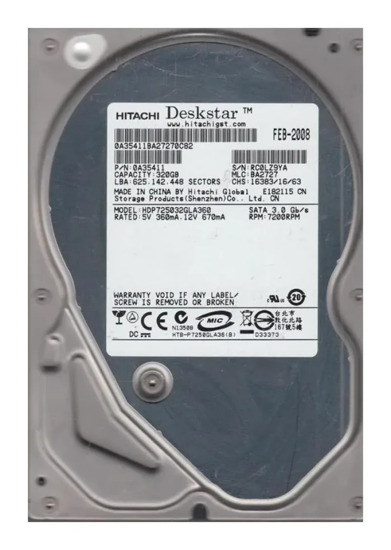 HDS725032VLA380 - Hitachi Deskstar T7K500 320GB 7200RPM SATA 3Gb/s 8MB Cache 3.5-inch Hard Drive