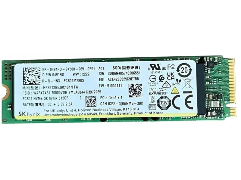 Hynix HFS512GEJ9X101N PC801 512GB PCI Express 4.0 x4 NVMe M.2 2280 Client Solid State Drive