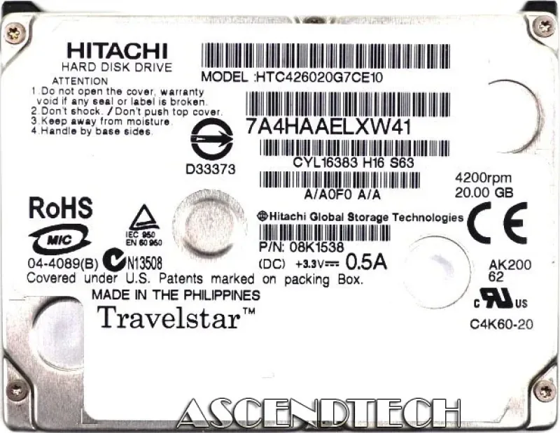 HTC426020G7CE10 - Hitachi Treavelstar C4K60 20GB 4200RPM ATA-100 2MB Cache 1.8-inch Hard Disk Drive