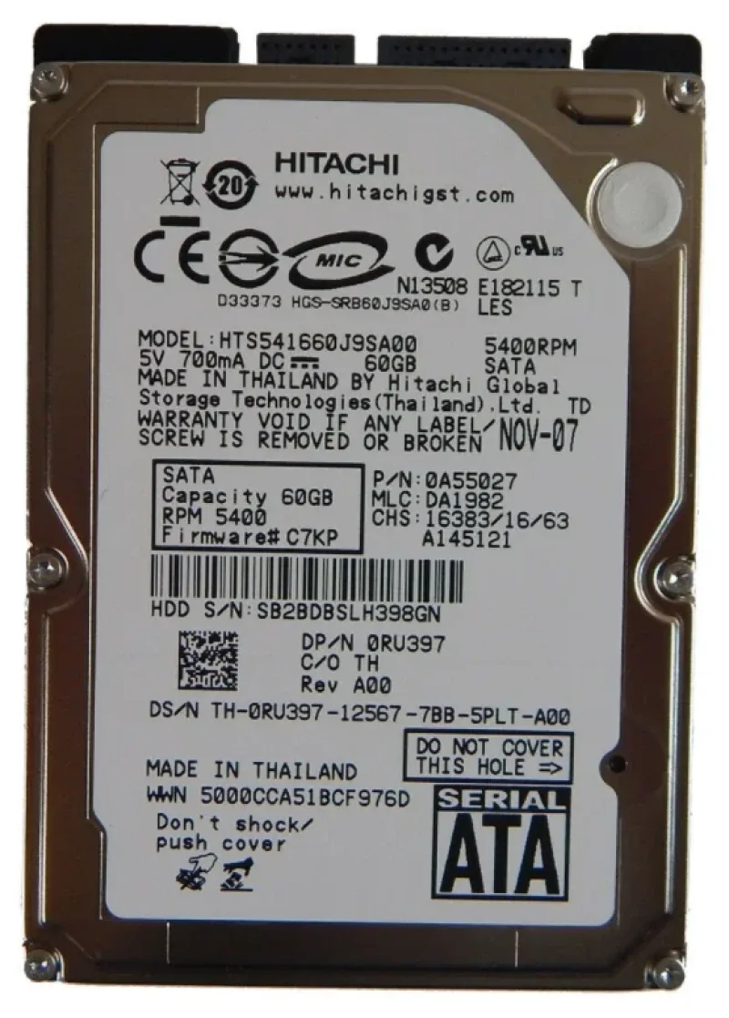 HTS540660J9SA00 - Hitachi Travelstar 5K160 60GB 5400RPM SATA 1.5Gb/s 8MB Cache 2.5-inch Hard Drive