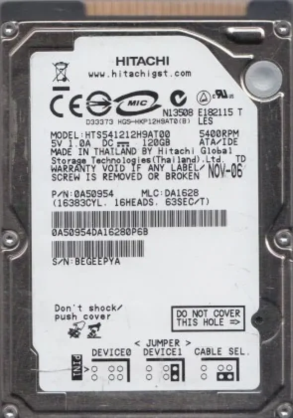 HTS541212H9AT00 - Hitachi Travelstar 5K120 120GB 5400RPM ATA-133 8MB Cache 2.5-inch Hard Disk Drive