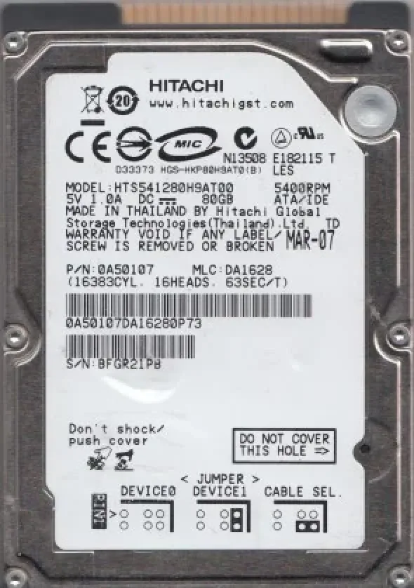HTS541280H9AT00 - Hitachi Travelstar 5K120 80GB 5400RPM ATA-133 8MB Cache 2.5-inch Hard Disk Drive